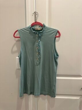 Tory Burch Sleeveless Ruffle Henley Tank in Sage